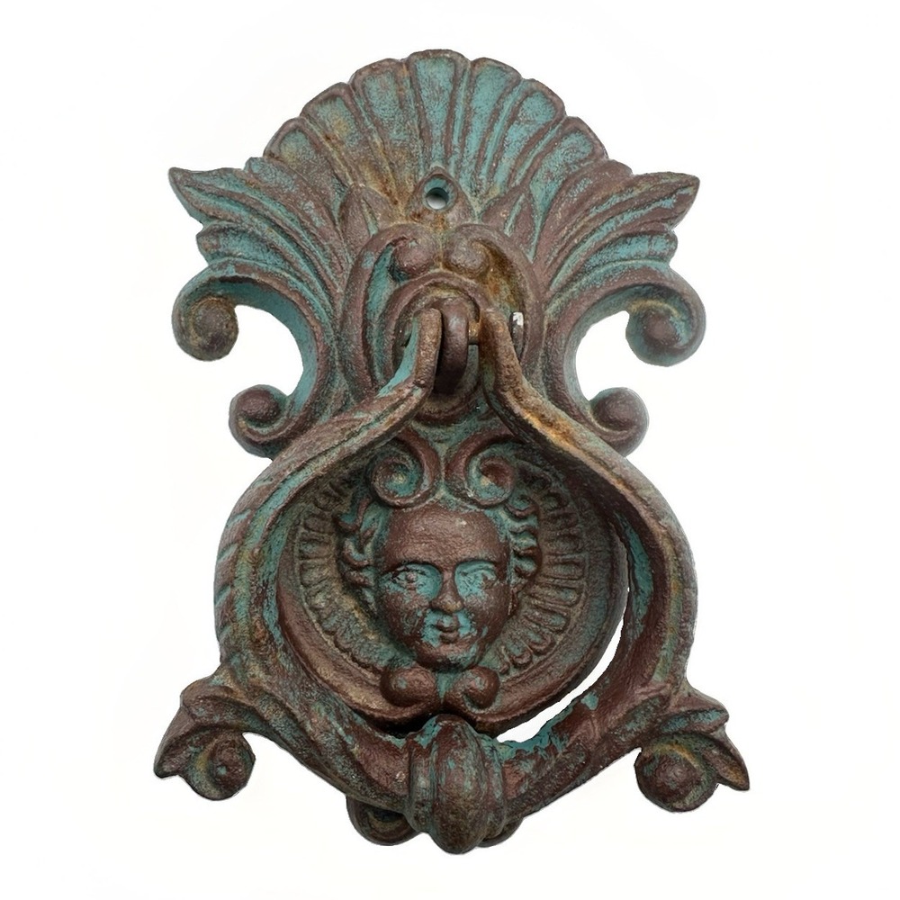 Vintage Ornate Cast Iron Cherub Door Knocker Rococo Revival Putti Angel Face